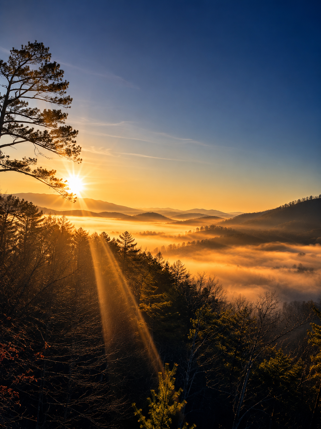 Sunrise over misty mountains and forested landscape